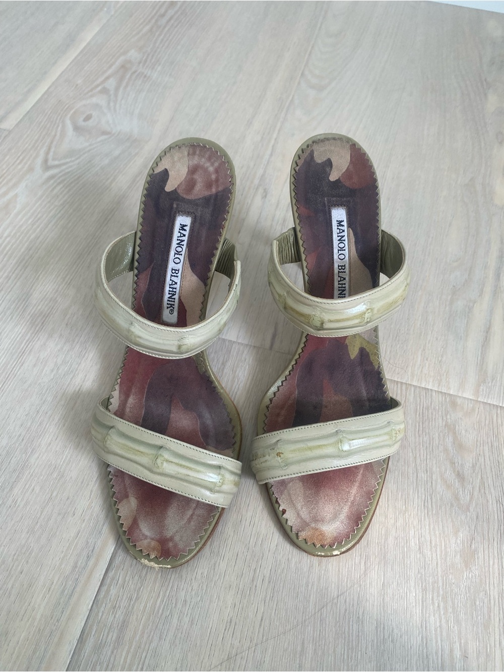 Manolo Blahnik Light Green Leather Two‑Strap Open‑Toe Heels